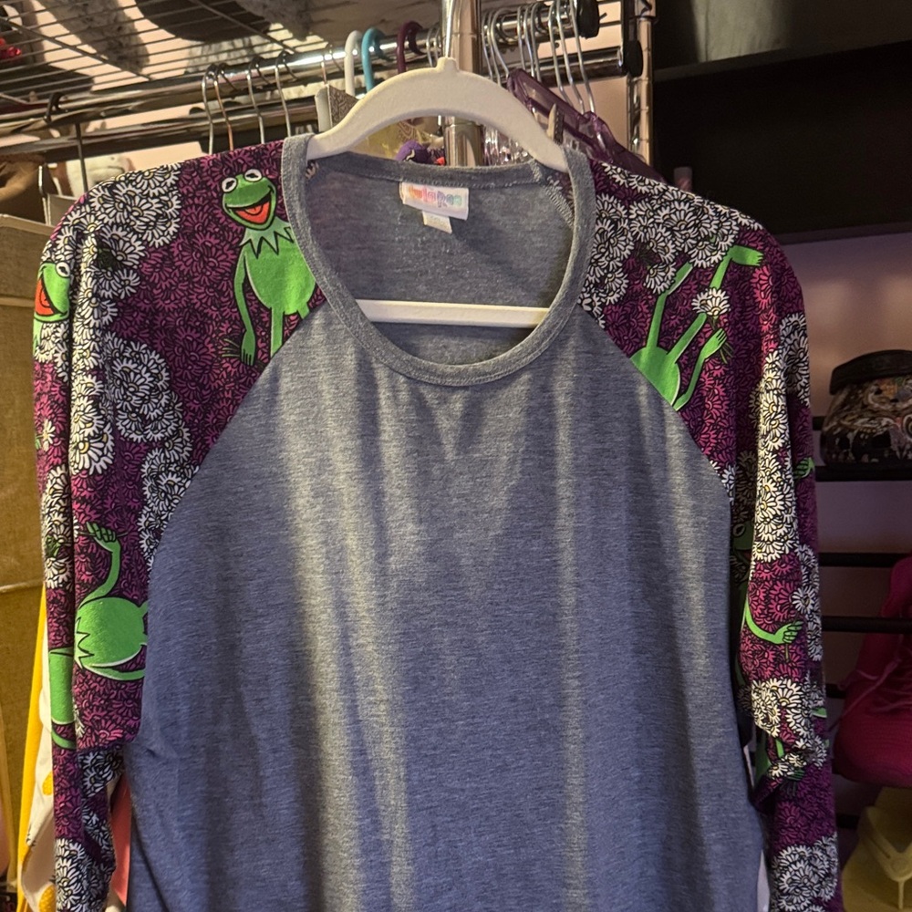 LuLaRoe Gray Top with Purple and Green Patterned Sleeves